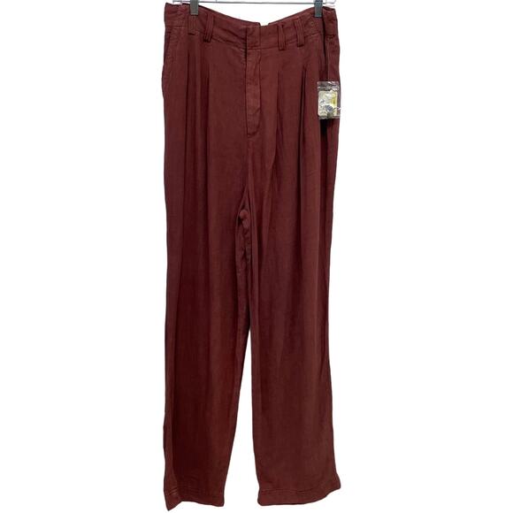 Free People Calla Trousers Linen Blend Relaxed Fit Wine Women's Size 12 NWT - Picture 1 of 11